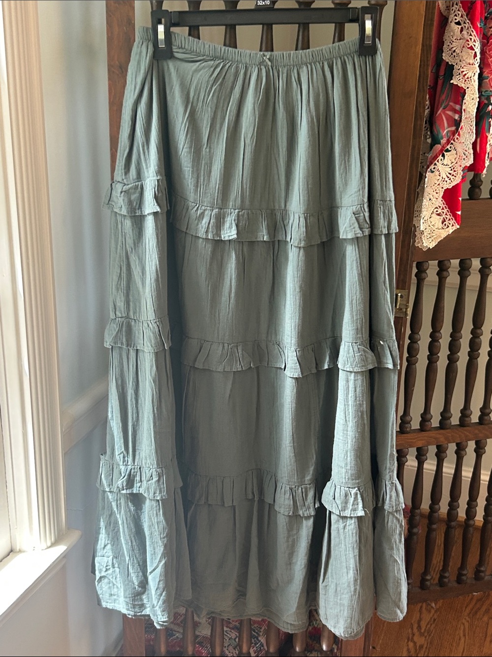 Tiered Maxi Skirt Teal Mineral Green Flowy Ruffle Tiered Detail Size Large NEW!